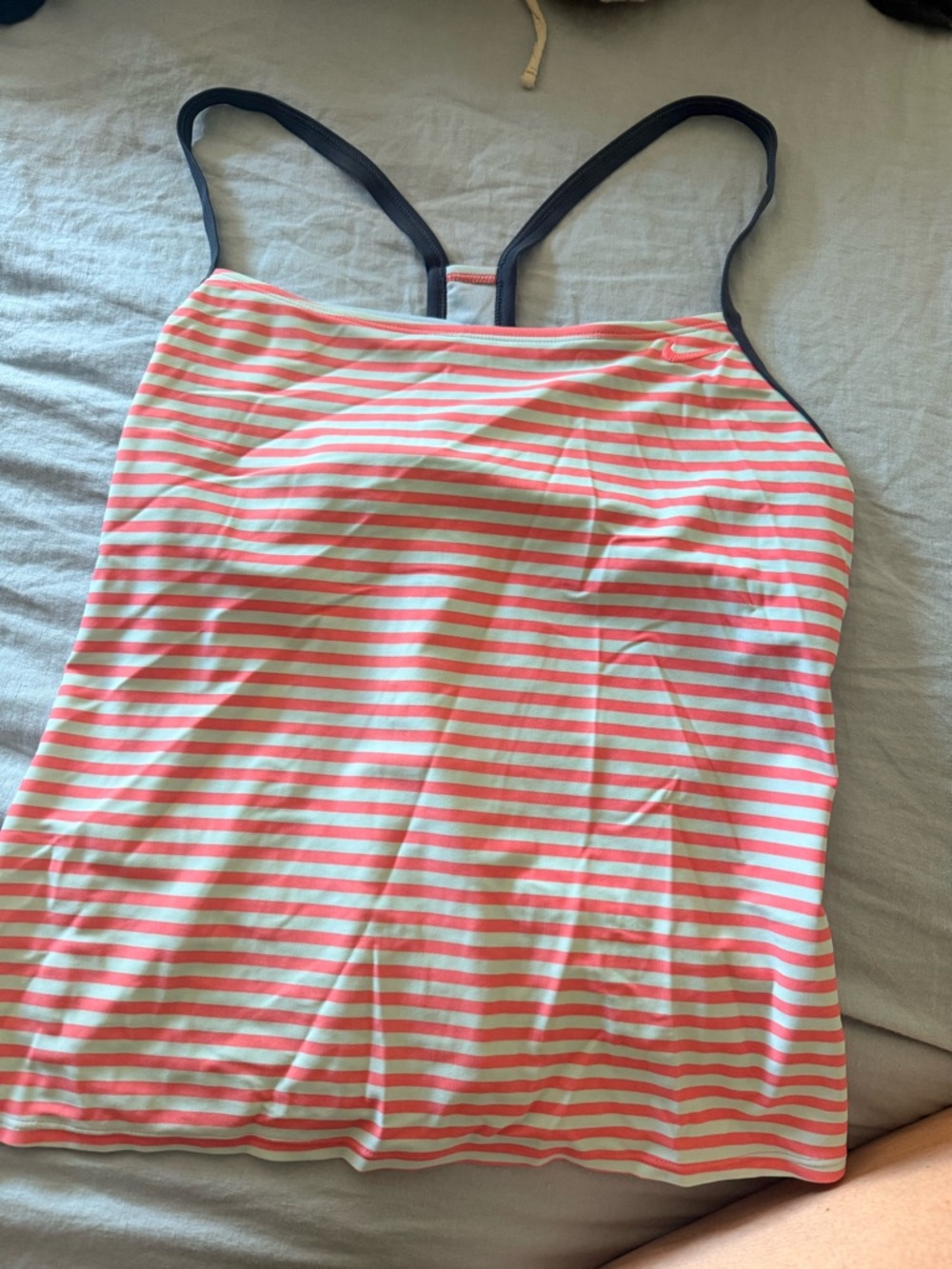 Nike salmon and Light Blue striped Athletic Top with navy Trim